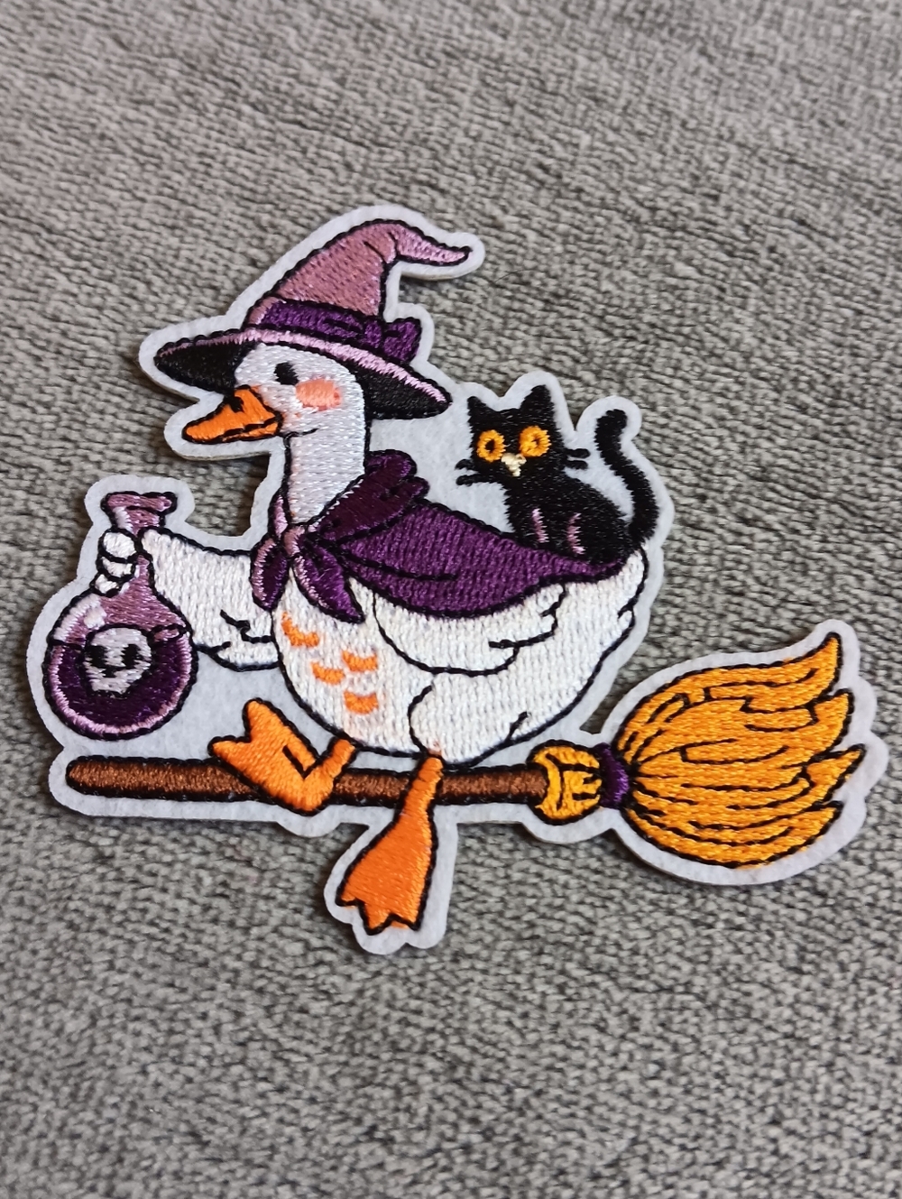 Witchy Duck, Potion & Black Cat, Flying Broomstick Iron On Patch, Fall Applique